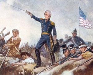 Painting of the Battle of New Orleans with Andrew Jackson standing amid the battle