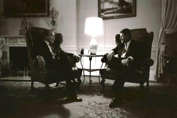Former President Richard Nixon visits with President Bill Clinton in the family quarters of the White House