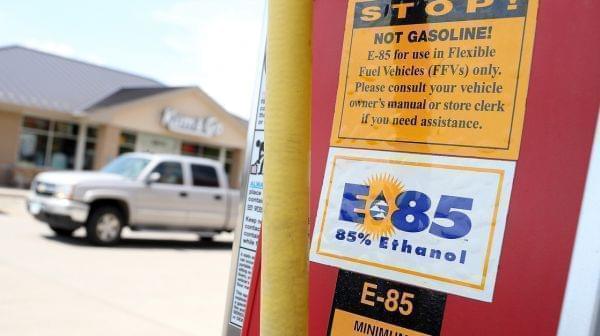 A decal advertising E85 ethanol is displayed on a pump at a gas station in Johnston, Iowa.