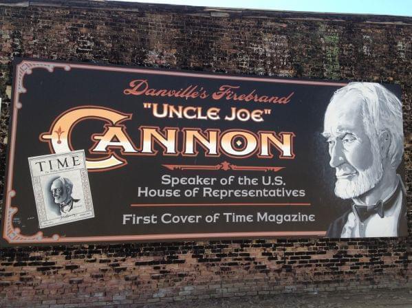 A painted mural of "Uncle Joe" Cannon on the side of a building in downtown Danville at the corner of Harrison and Vermilion streets depicts the Time Magazine cover he was featured on.