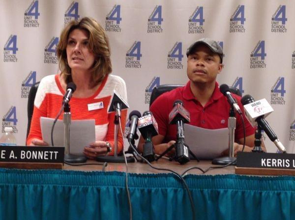 Champaign School Board President Laurie Bonnett and School Board Member Kerris Lee speak at a press conference on Sept. 26, 2013 at the Mellon Administrative Center.