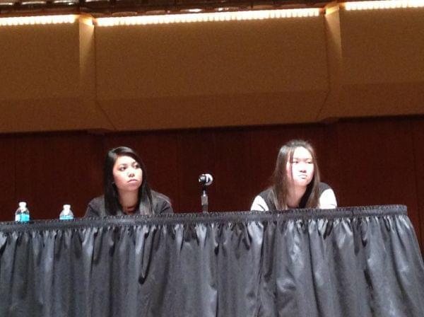 University of Illinois students Kimberly Arquines and Jennifer Sun attend a forum on digital hate and civil discourse on Feb. 6, 2014 on the U of I’s Urbana campus. Arquines was one of the students who posted personal attacks on Twitter last mo