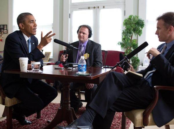 NPR's Steve Inskeep (r) talks with President Barack Obama (l) on May 28, 2014.