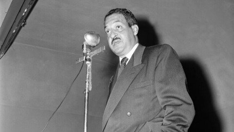 Thurgood Marshall, civil rights lawyer and chief counsel for the National Association for the Advancement of Colored People (NAACP), speaks before the reunion of the 369th veterans' association in New York City, Sept. 23, 1956.