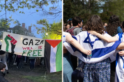 A photo of the pro-Palestinian encampment at UIUC near the Alma Mater, side-by-side with a photo of a Jewish Pride event at the same location, days later.